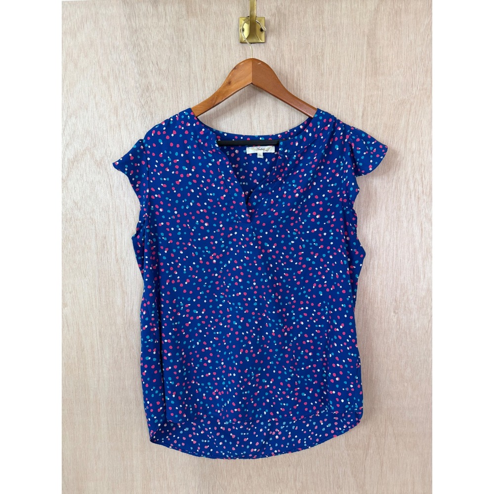 Andree by Unit Blue Confetti Dot Flutter Sleeve V-Neck Blouse Large